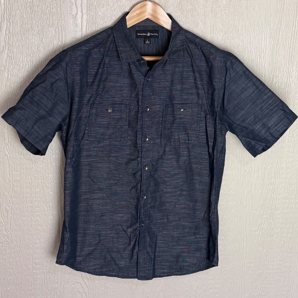 Beverly Hills Polo Club Mens Navy Blue Stripe Short Sleeve Button Down Shirt L